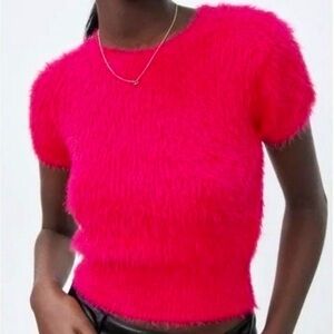 Zara Pink Fuzzy Short Sleeve Sweater